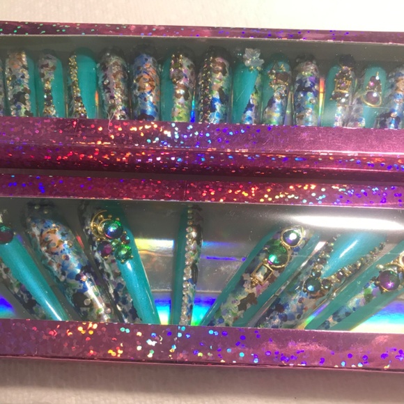 Luxury Custom Press-ons Handmade 3XL Mermaid Summer Crystal set 24 - Picture 3 of 4